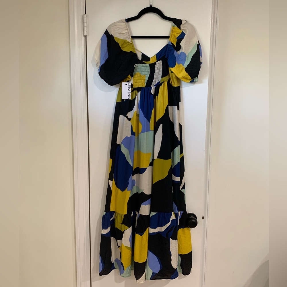 Nine West NWT Abstract Artsy Babydoll Maxi Dress Ruffle Hem Size XS Colorful - Picture 6 of 13